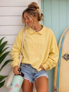Vintage Sun Valley beach jumper sweatshirt sunshine yellow embroidery collar XL